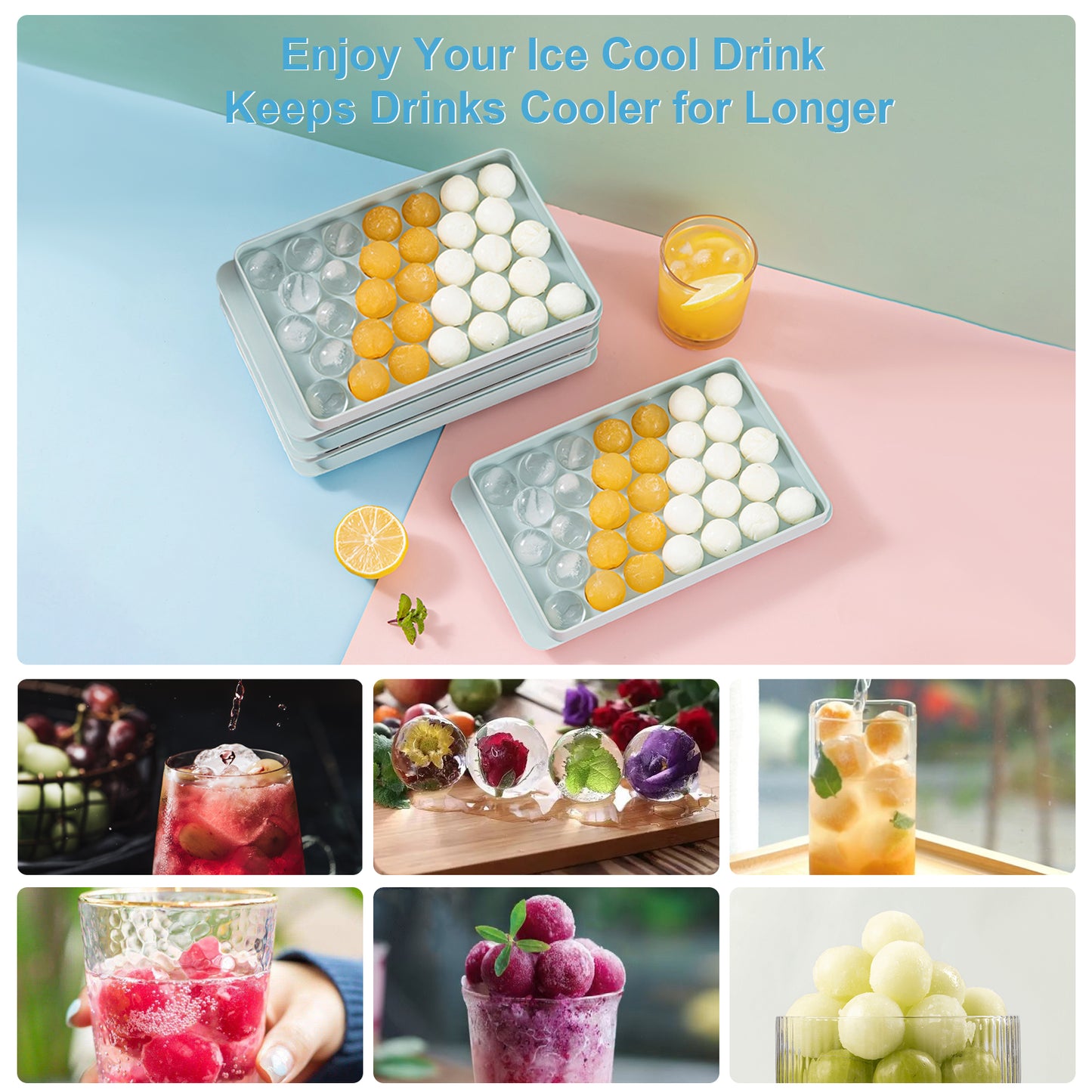 Ice Cube Tray Round Ice Ball Maker Round Ice Cube Mold for Freezer With 3Pack Blue Ice trays & Ice Bin & Ice tong