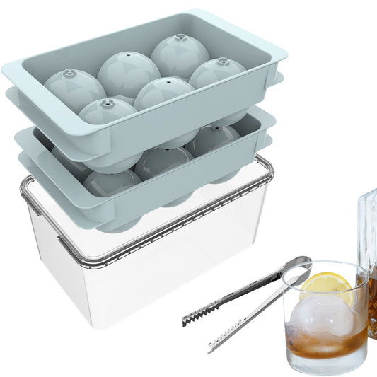 Ice Cube Tray with Lid&Bin, 1.9'' Whiskey Ice Mold, 2Pack Ice Ball Maker Mold, Large Ice Cube Trays with Tong, Easy Fill & Release Making Ice Balls for Whiskey Cocktails Bourbon (Blue)