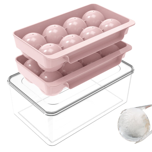 Ice Cube Tray(2 Pack), 2.5 INCH Sphere Ice Mold with Bin&Tong,Large Round Ice Cube Tray Making 16Pcs Ice Balls, Leak-free, Easy Fill & Release Ice Ball Maker for Whiskey Cocktails Bourbon(Pink)