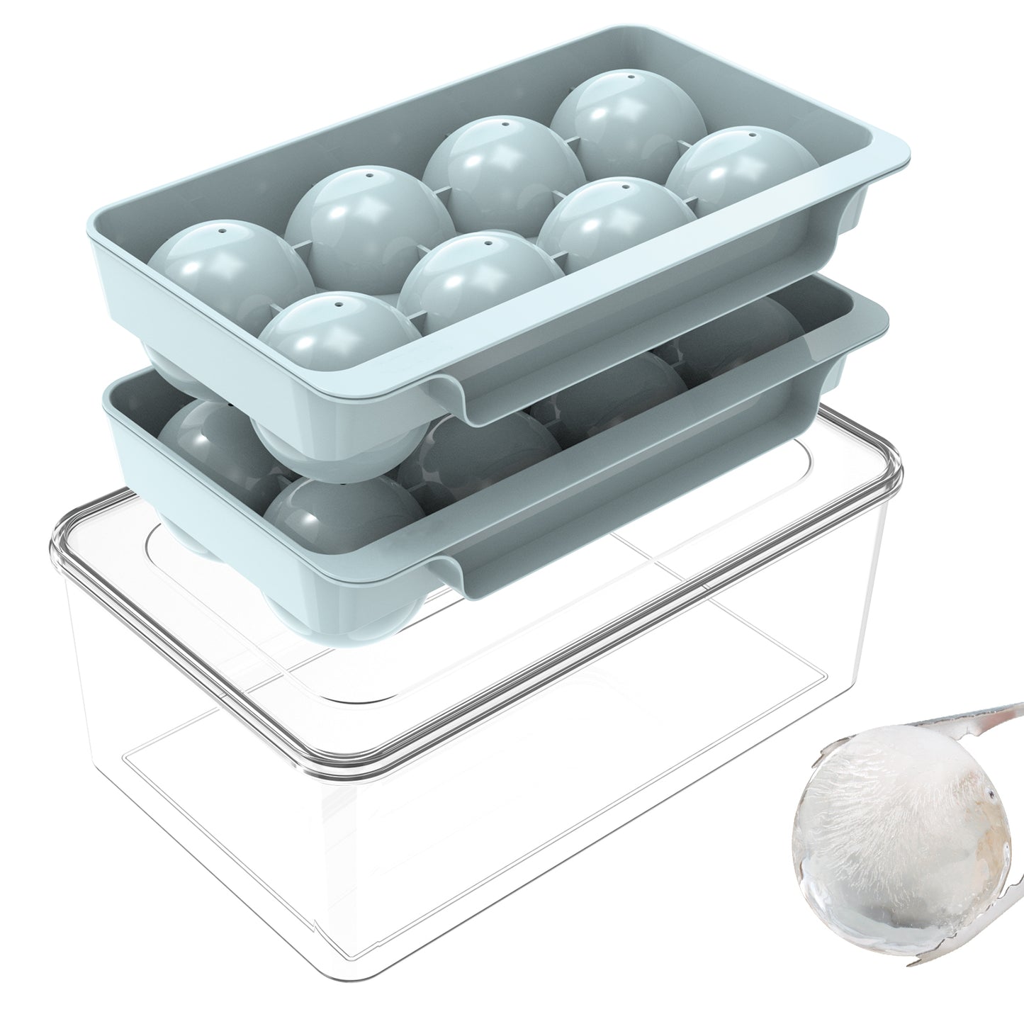 Ice Cube Tray(2 Pack), 2.5 INCH Sphere Ice Mold with Bin&Tong,Large Round Ice Cube Tray Making 16Pcs Ice Balls, Leak-free, Easy Fill & Release Ice Ball Maker for Whiskey Cocktails Bourbon(Blue)