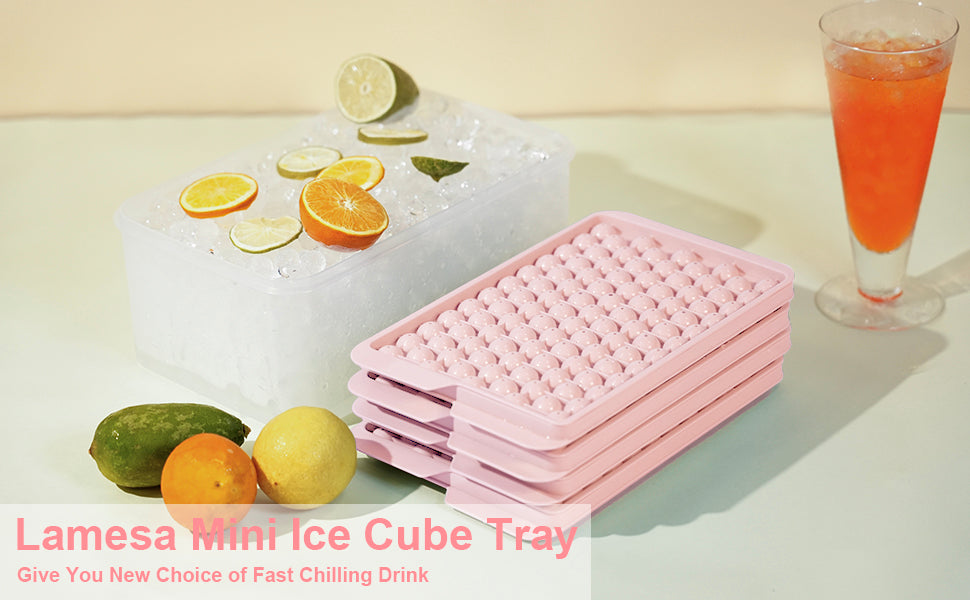 Mini Ice Cube Trays, 4 Pack Small Ice Cube Tray with Lid and Bin, 104x4 PCS Ice Ball Maker Mold, Crushed Ice Trays Easy Release for Chilling Drinks, Coffee, Cocktail, Juice (Pink)