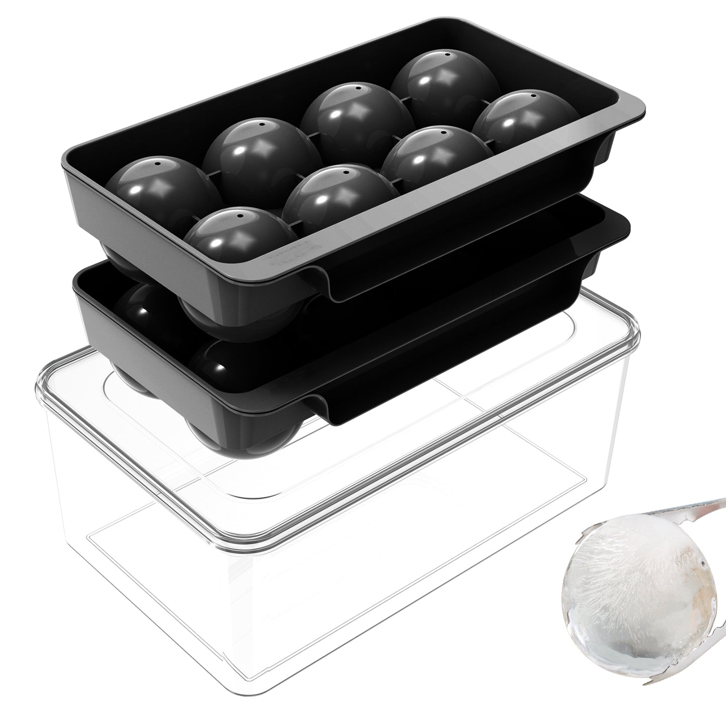 Ice Cube Tray(2 Pack), 2.5 INCH Sphere Ice Mold with Bin&Tong,Large Round Ice Cube Tray Making 16Pcs Ice Balls, Leak-free, Easy Fill & Release Ice Ball Maker for Whiskey Cocktails Bourbon(Black)