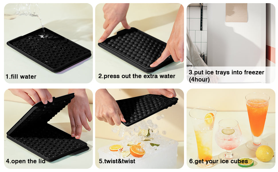 Mini Ice Cube Trays, 4 Pack Small Ice Cube Tray with Lid and Bin, 104x4 PCS Ice Ball Maker Mold, Crushed Ice Trays Easy Release for Chilling Drinks, Coffee, Cocktail, Juice (Black)
