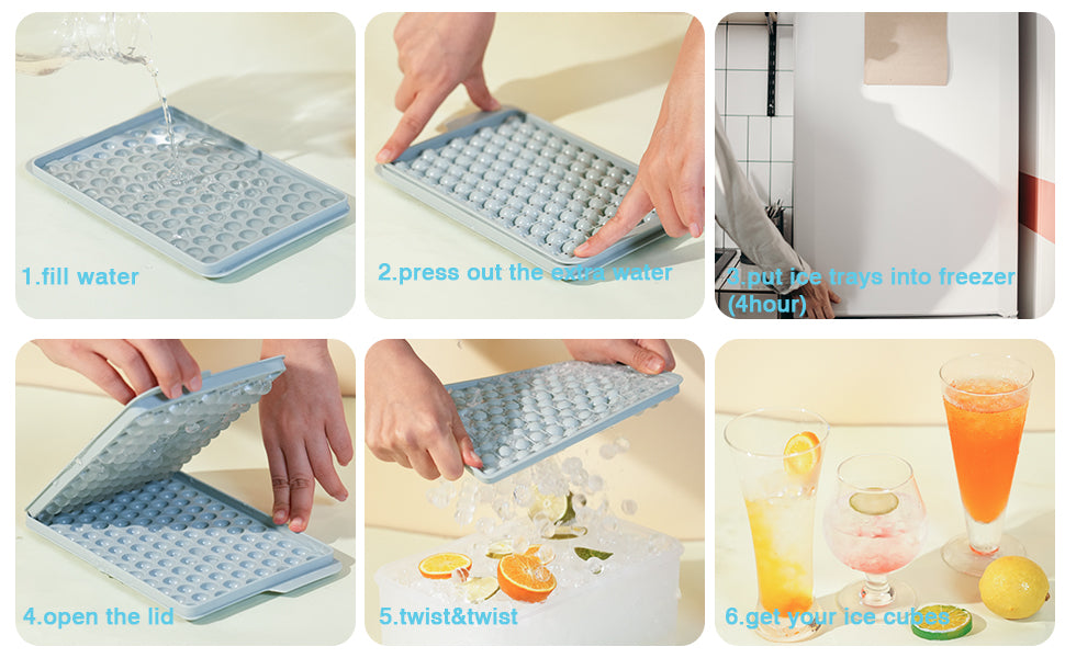 Mini Ice Cube Trays, 4 Pack Small Ice Cube Tray with Lid and Bin, 104x4 PCS Ice Ball Maker Mold, Crushed Ice Trays Easy Release for Chilling Drinks, Coffee, Cocktail, Juice (Blue)