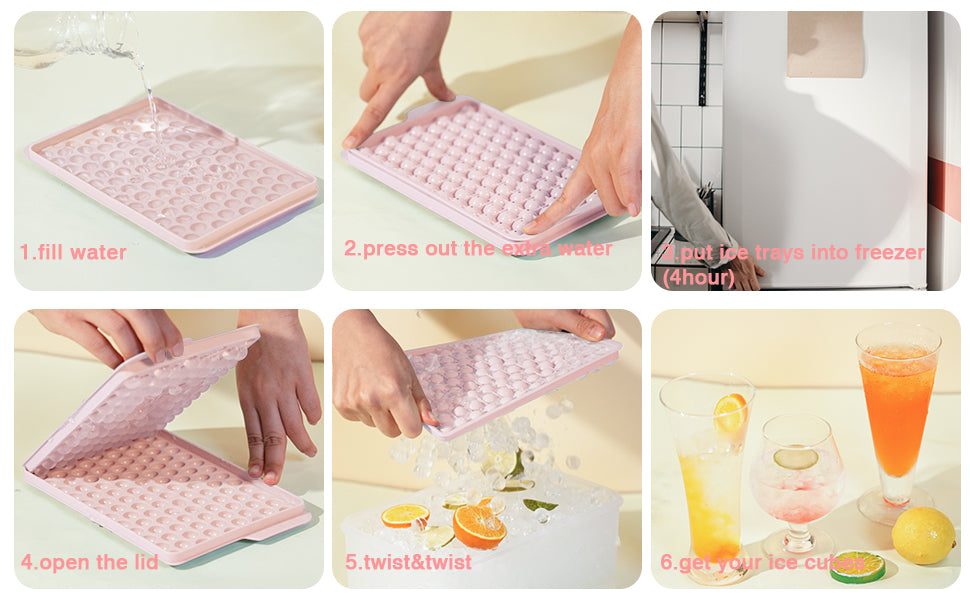 Mini Ice Cube Trays, 4 Pack Small Ice Cube Tray with Lid and Bin, 104x4 PCS Ice Ball Maker Mold, Crushed Ice Trays Easy Release for Chilling Drinks, Coffee, Cocktail, Juice (Pink)