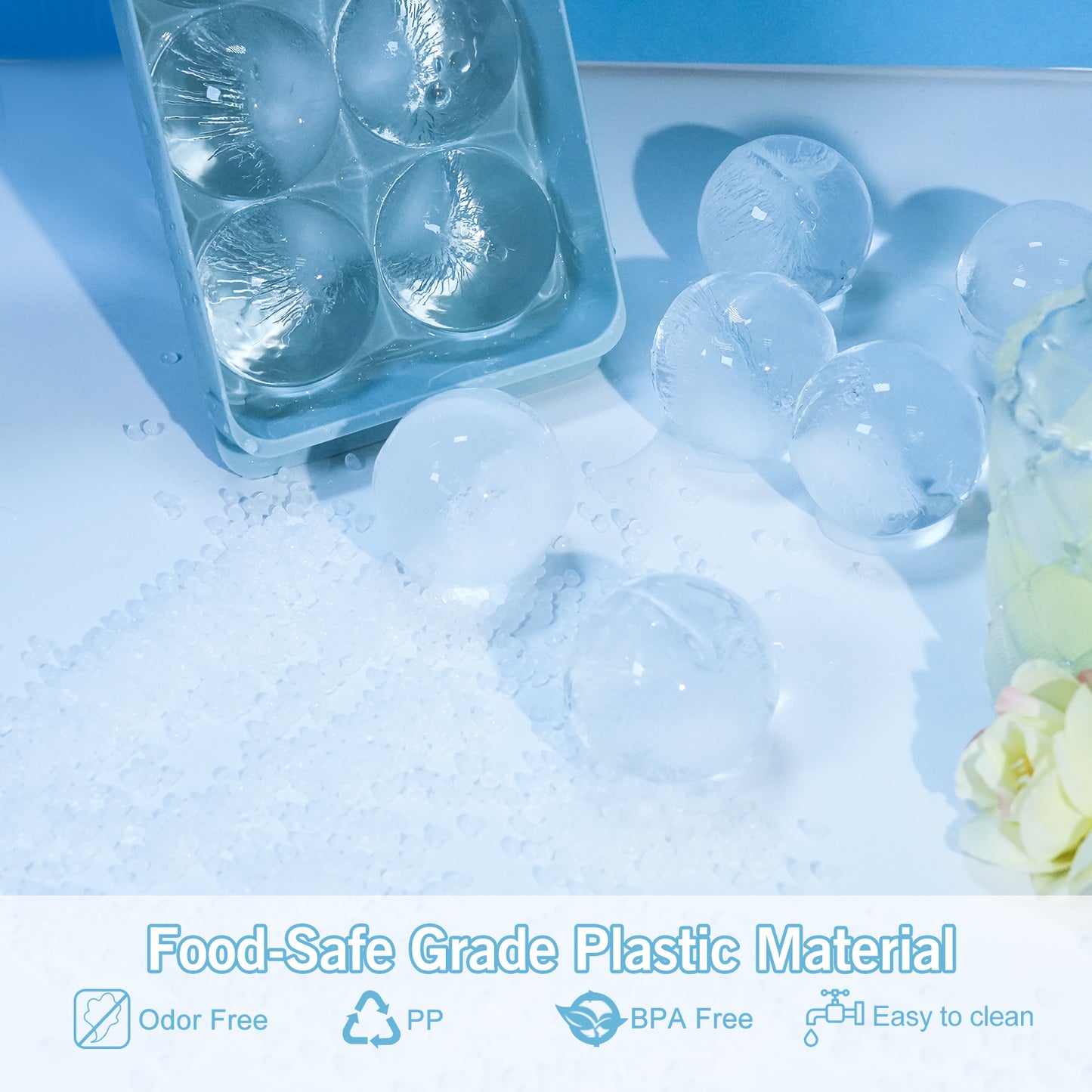 Ice Cube Tray with Lid&Bin, 1.9'' Whiskey Ice Mold, 2Pack Ice Ball Maker Mold, Large Ice Cube Trays with Tong, Easy Fill & Release Making Ice Balls for Whiskey Cocktails Bourbon (Blue)
