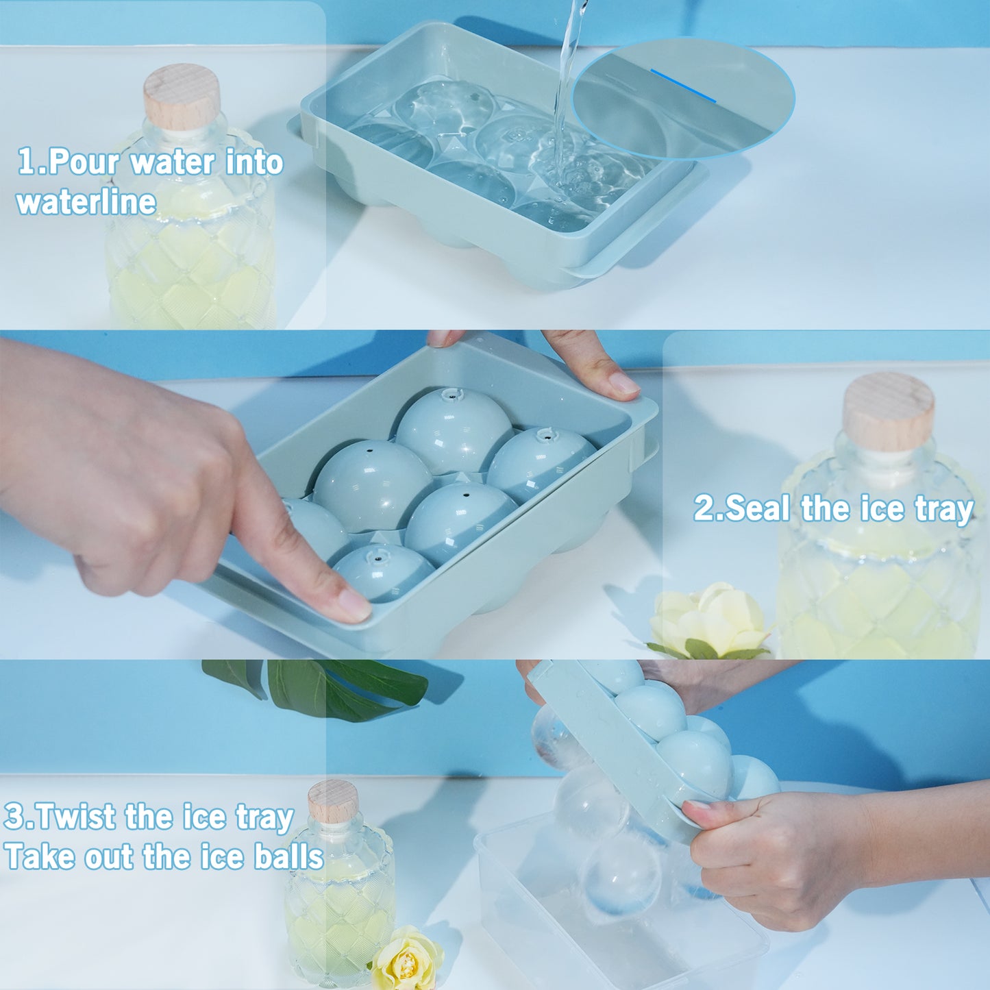 Ice Cube Tray with Lid&Bin, 1.9'' Whiskey Ice Mold, 2Pack Ice Ball Maker Mold, Large Ice Cube Trays with Tong, Easy Fill & Release Making Ice Balls for Whiskey Cocktails Bourbon (Blue)