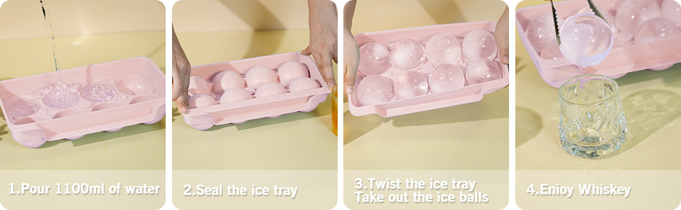 Ice Cube Tray(2 Pack), 2.5 INCH Sphere Ice Mold with Bin&Tong,Large Round Ice Cube Tray Making 16Pcs Ice Balls, Leak-free, Easy Fill & Release Ice Ball Maker for Whiskey Cocktails Bourbon(Pink)