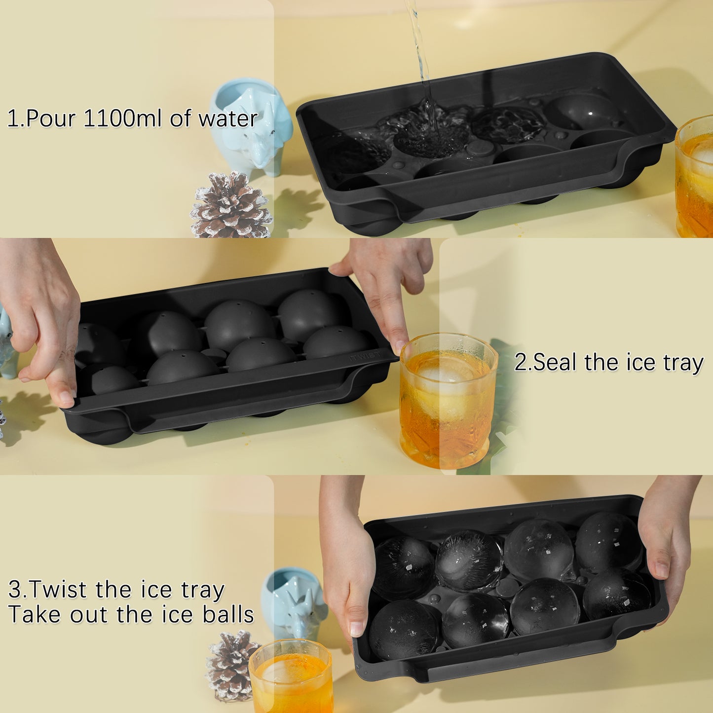 Ice Cube Tray(2 Pack), 2.5 INCH Sphere Ice Mold with Bin&Tong,Large Round Ice Cube Tray Making 16Pcs Ice Balls, Leak-free, Easy Fill & Release Ice Ball Maker for Whiskey Cocktails Bourbon(Black)