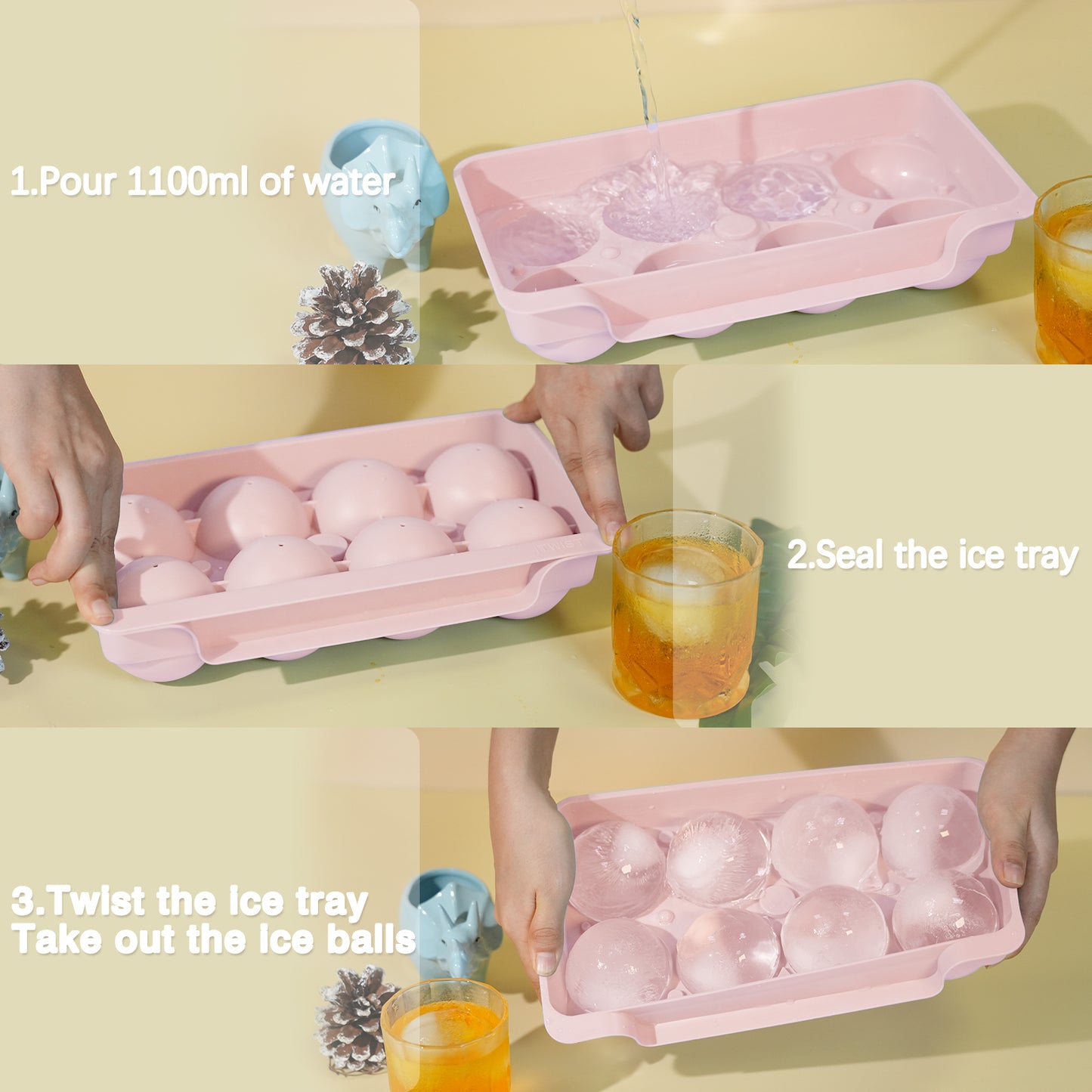 Ice Cube Tray(2 Pack), 2.5 INCH Sphere Ice Mold with Bin&Tong,Large Round Ice Cube Tray Making 16Pcs Ice Balls, Leak-free, Easy Fill & Release Ice Ball Maker for Whiskey Cocktails Bourbon(Pink)
