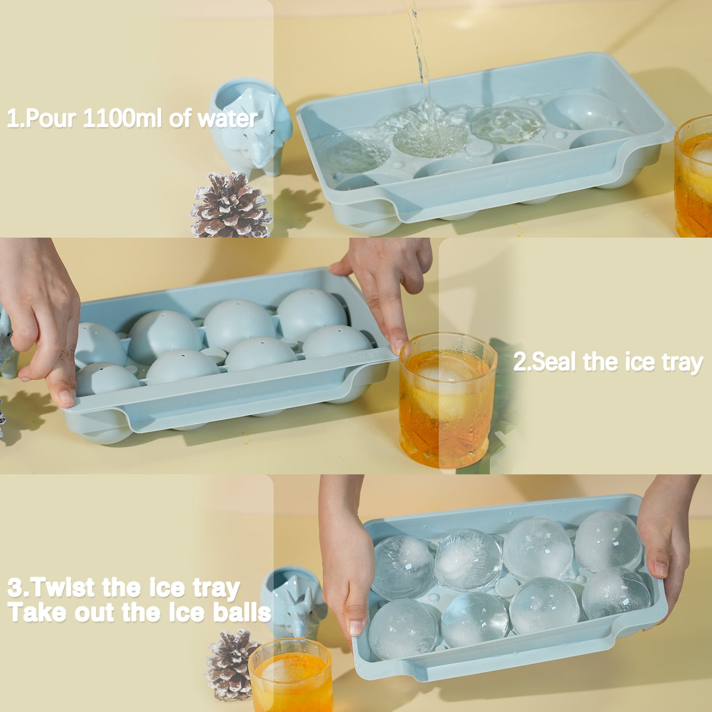 Ice Cube Tray(2 Pack), 2.5 INCH Sphere Ice Mold with Bin&Tong,Large Round Ice Cube Tray Making 16Pcs Ice Balls, Leak-free, Easy Fill & Release Ice Ball Maker for Whiskey Cocktails Bourbon(Blue)