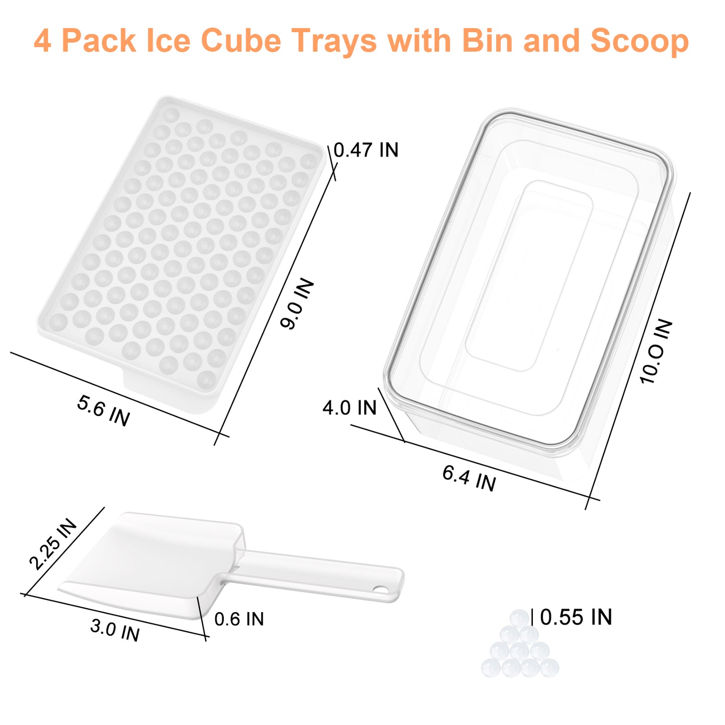 Mini Ice Cube Trays, 4 Pack Small Ice Cube Tray with Lid and Bin, 104x4 PCS Ice Ball Maker Mold, Crushed Ice Trays Easy Release for Chilling Drinks, Coffee, Cocktail, Juice (White)