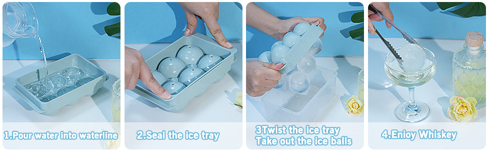 Ice Cube Tray with Lid&Bin, 1.9'' Whiskey Ice Mold, 2Pack Ice Ball Maker Mold, Large Ice Cube Trays with Tong, Easy Fill & Release Making Ice Balls for Whiskey Cocktails Bourbon (Blue)