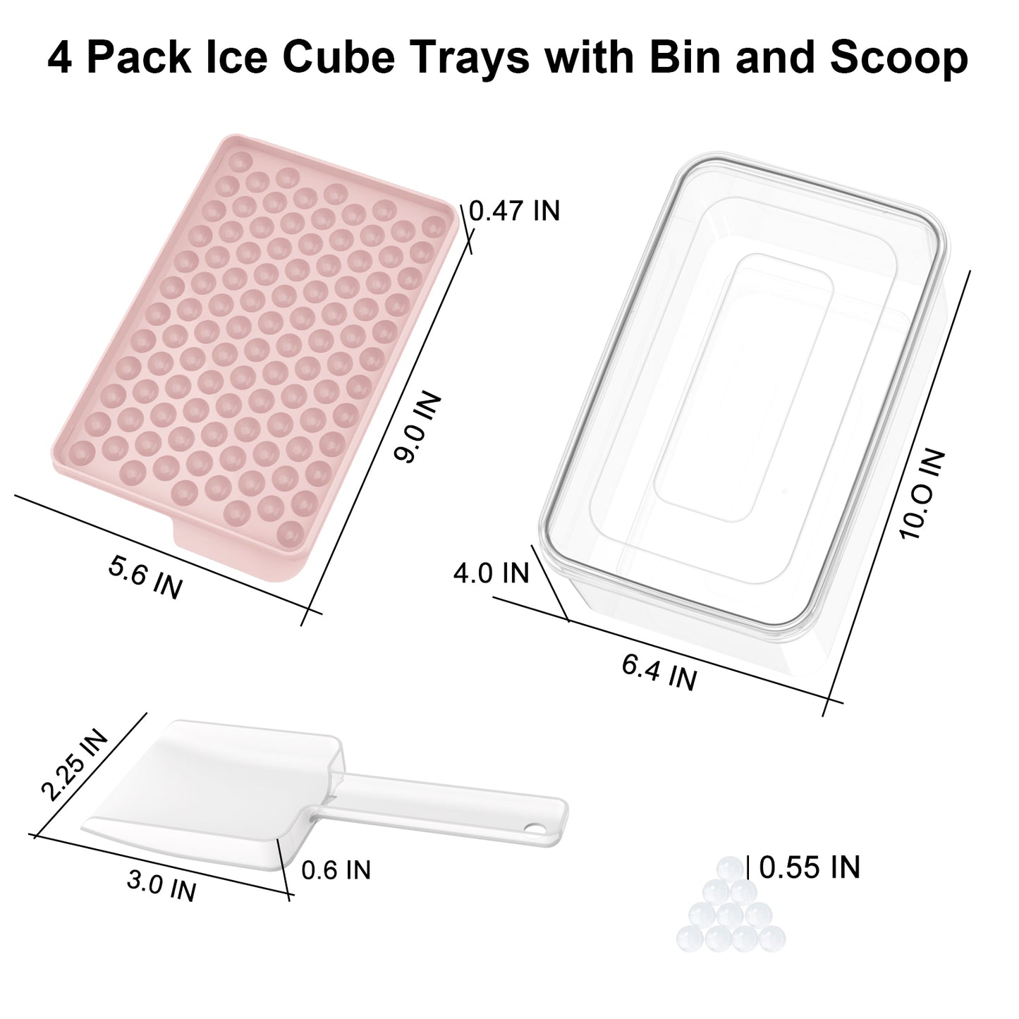 Mini Ice Cube Trays, 4 Pack Small Ice Cube Tray with Lid and Bin, 104x4 PCS Ice Ball Maker Mold, Crushed Ice Trays Easy Release for Chilling Drinks, Coffee, Cocktail, Juice (Pink)