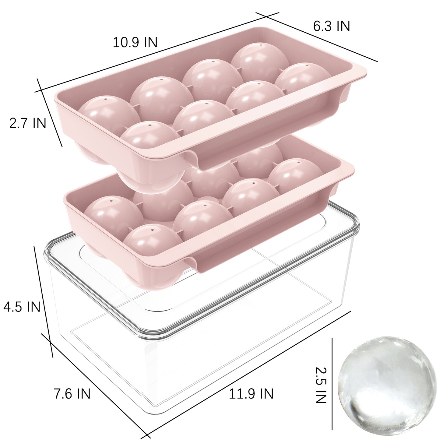 Ice Cube Tray(2 Pack), 2.5 INCH Sphere Ice Mold with Bin&Tong,Large Round Ice Cube Tray Making 16Pcs Ice Balls, Leak-free, Easy Fill & Release Ice Ball Maker for Whiskey Cocktails Bourbon(Pink)