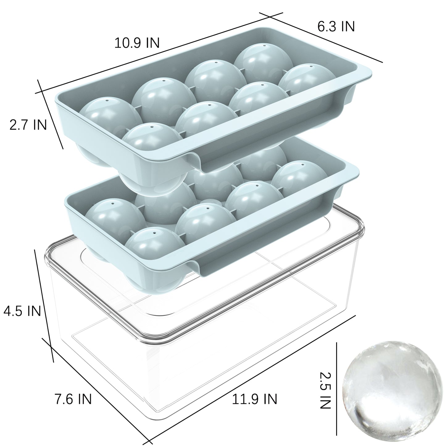 Ice Cube Tray(2 Pack), 2.5 INCH Sphere Ice Mold with Bin&Tong,Large Round Ice Cube Tray Making 16Pcs Ice Balls, Leak-free, Easy Fill & Release Ice Ball Maker for Whiskey Cocktails Bourbon(Blue)