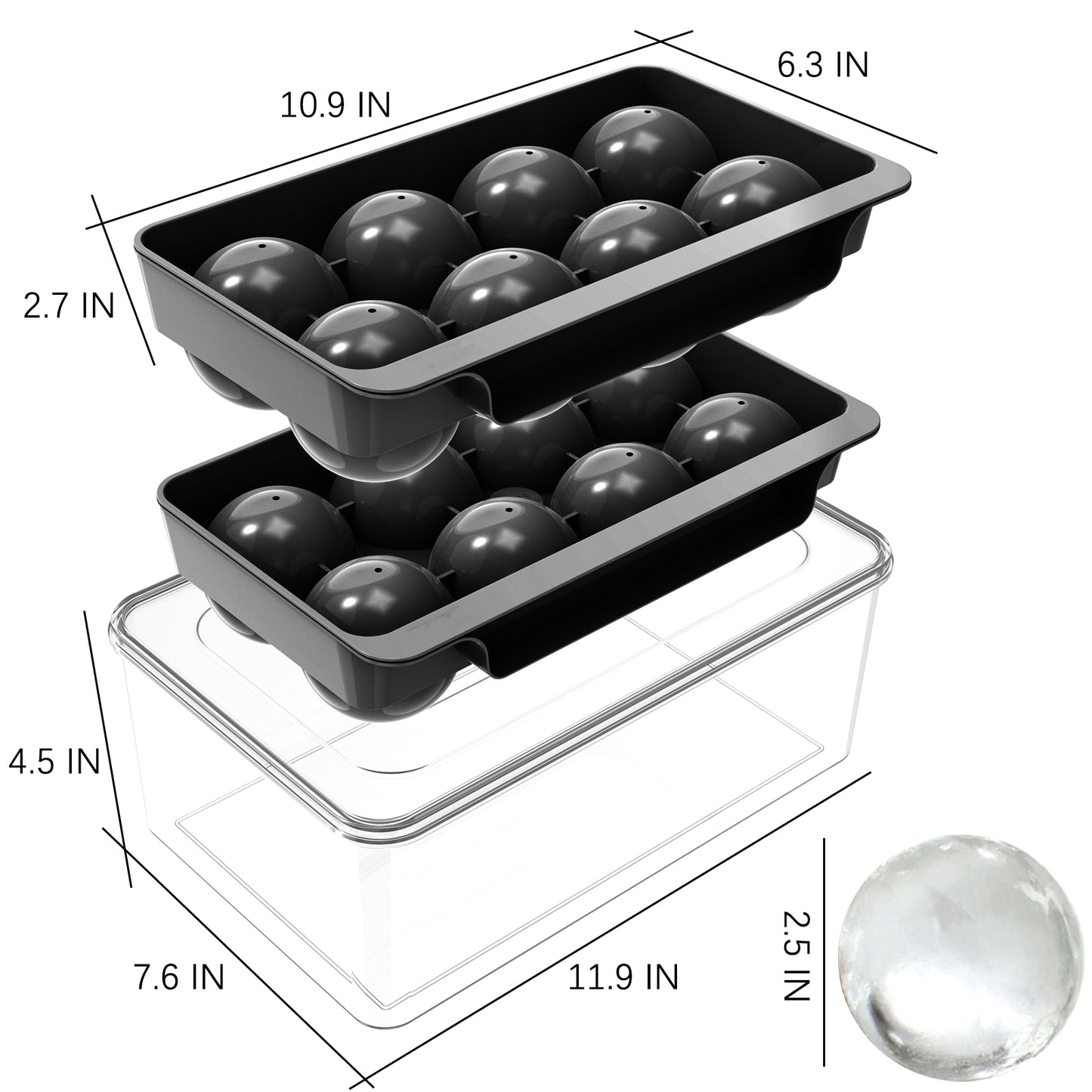 Ice Cube Tray(2 Pack), 2.5 INCH Sphere Ice Mold with Bin&Tong,Large Round Ice Cube Tray Making 16Pcs Ice Balls, Leak-free, Easy Fill & Release Ice Ball Maker for Whiskey Cocktails Bourbon(Black)