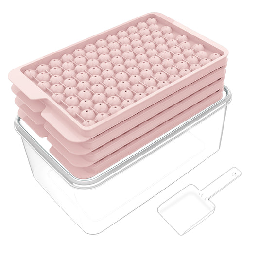 Mini Ice Cube Trays, 4 Pack Small Ice Cube Tray with Lid and Bin, 104x4 PCS Ice Ball Maker Mold, Crushed Ice Trays Easy Release for Chilling Drinks, Coffee, Cocktail, Juice (Pink)
