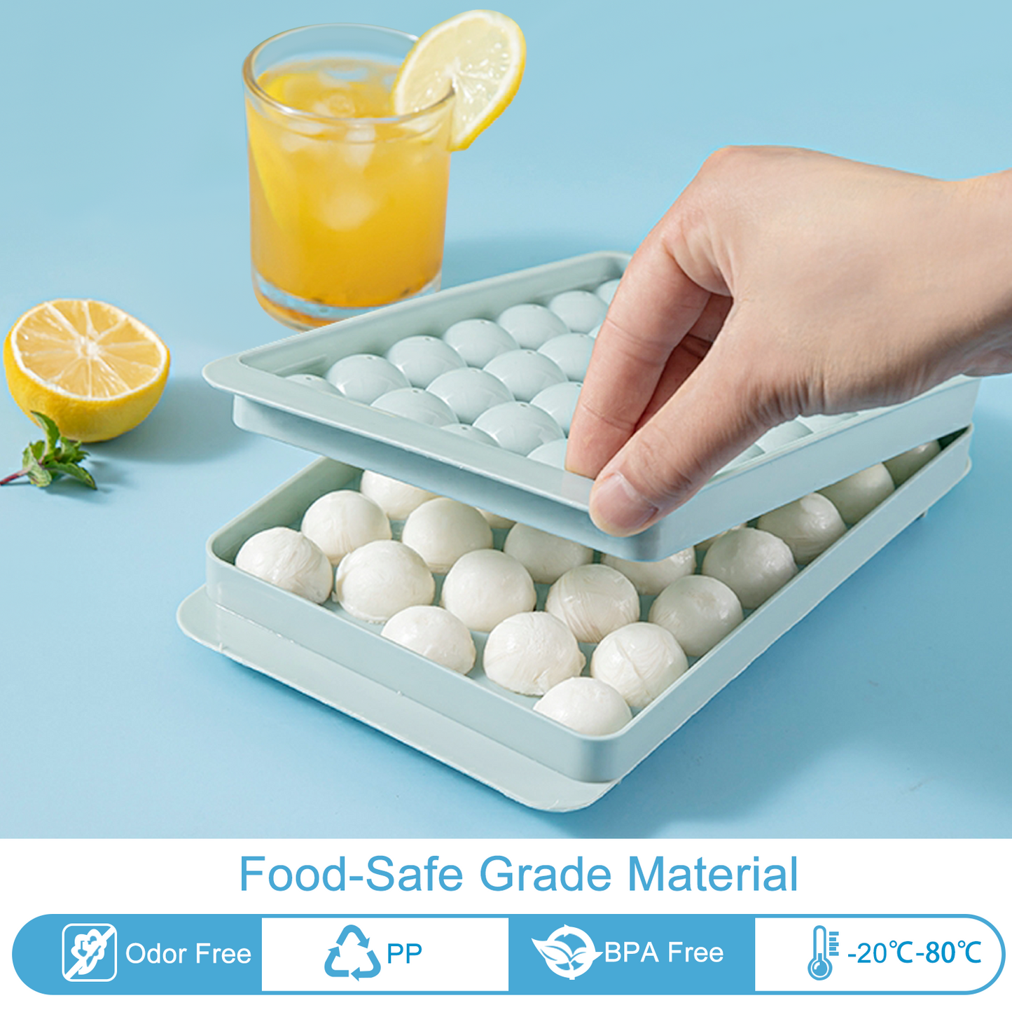 Ice Cube Tray Round Ice Ball Maker Round Ice Cube Mold for Freezer With 3Pack Blue Ice trays & Ice Bin & Ice tong