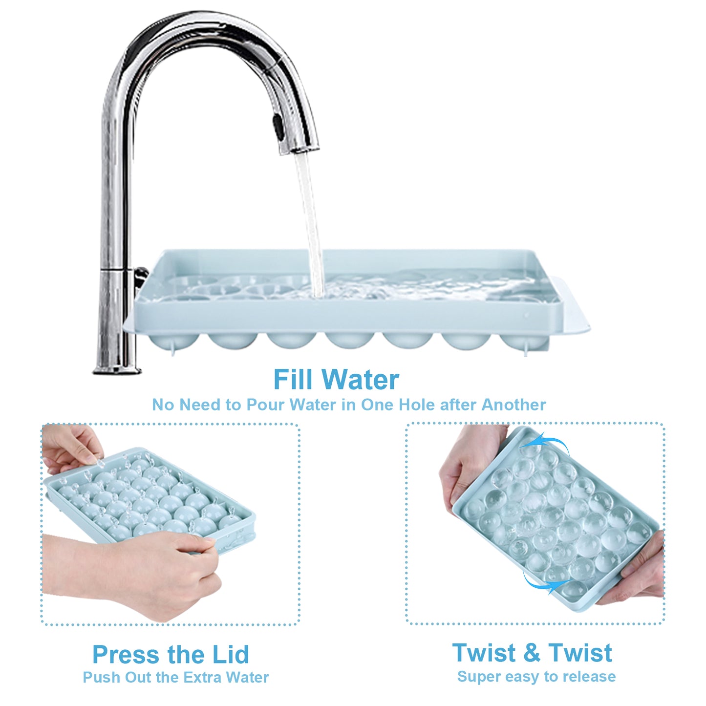 Ice Cube Tray Round Ice Ball Maker Round Ice Cube Mold for Freezer With 3Pack Blue Ice trays & Ice Bin & Ice tong