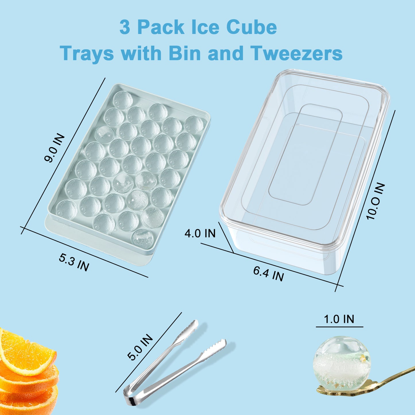 Ice Cube Tray Round Ice Ball Maker Round Ice Cube Mold for Freezer With 3Pack Blue Ice trays & Ice Bin & Ice tong