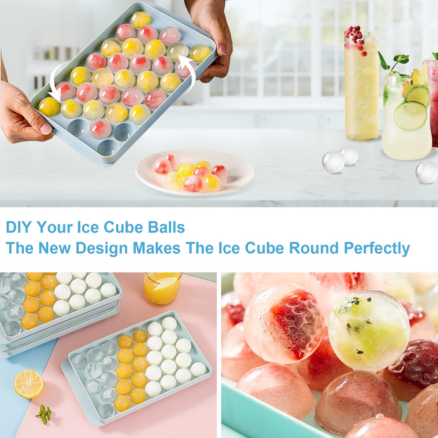 Ice Cube Tray Round Ice Ball Maker Round Ice Cube Mold for Freezer With 3Pack Blue Ice trays & Ice Bin & Ice tong